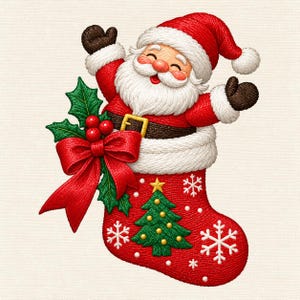 May include: An embroidered patch featuring Santa Claus emerging from a red Christmas stocking. Santa wears a red suit with a brown belt and dark gloves. The stocking is decorated with a green Christmas tree, white snowflakes, and a red bow with holly.