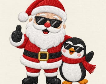 May include: An embroidered patch featuring Santa Claus and a penguin. Santa wears a red suit with a white trim, black belt, and black sunglasses, giving a thumbs up. The penguin wears a red scarf and black sunglasses, standing beside Santa.