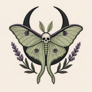 May include: An embroidered design featuring a pale green moth with a skull head positioned in front of a black crescent moon. Two sprigs of purple lavender are placed symmetrically on either side of the moth, all set against a cream fabric background.