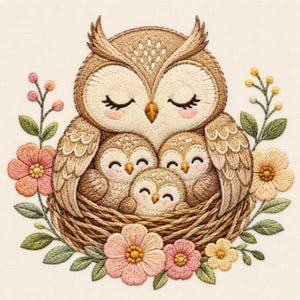 May include: An embroidery design featuring a large adult owl with closed eyes sheltering three small owlets in a woven nest. The scene is surrounded by pink and yellow flowers with green leaves on a light cream fabric background.