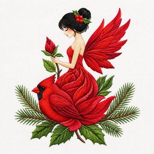 May include: An embroidery design featuring a figure with black hair styled in a bun adorned with red berries and green leaves. The figure has red wings and a dress made of red petals, holding a red bud, seated beside a red cardinal on pine branches.