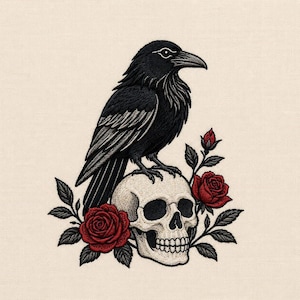 May include: An embroidered patch featuring a black raven perched atop a human skull. The skull is flanked by two vibrant red roses with dark green leaves. The entire design is rendered in detailed thread work against a light beige fabric background.