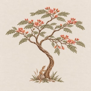 May include: An embroidery design featuring a twisted brown tree with green fern-like leaves and small pink flowers. A small tan lizard is perched on a gray rock at the base of the tree trunk, surrounded by patches of green grass and thin stalks.