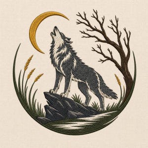 Wolf Moon Embroidery Design, Nature Wildlife Machine File (Digital Download)
