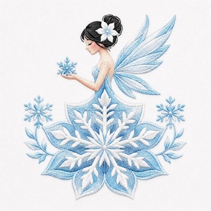 May include: An embroidery design featuring a fairy with dark hair styled in a bun with a white flower. The fairy has light blue wings and wears a dress shaped like a large snowflake. She holds a small blue snowflake in her hands.