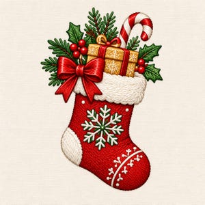 Christmas Stocking Machine Embroidery Design, Red Holiday Sock File, Xmas Gift Box Stitch, Winter Candy Cane Decor Pattern