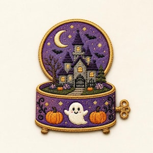 Broderidesign för Halloween-speldosa, hemsökt slott, spökpumpa (digitalt mönster)