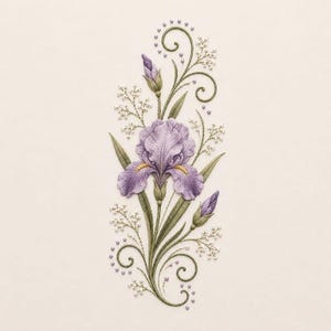 Puede incluir: Un intrincado diseño de bordado que presenta una flor de iris morada central con detalles amarillos, rodeada de hojas verdes, delicadas flores blancas de relleno y tallos decorativos en espiral adornados con pequeños puntos morados sobre un fondo crema.