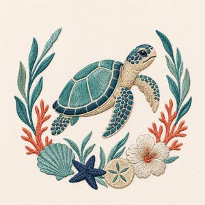 May include: An embroidery design featuring a sea turtle in shades of teal and cream, surrounded by a wreath of coral, green leaves, a blue starfish, a sand dollar, a seashell, and a white hibiscus flower on a light cream fabric background.