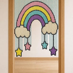May include: A beaded door curtain featuring a rainbow design composed of pink, yellow, teal, and purple beads. Two white clouds are positioned at the base of the rainbow, with four dangling star-shaped ornaments in yellow, pink, teal, and purple.