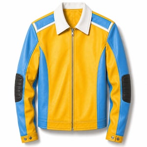 May include: A color-blocked jacket featuring a mustard yellow body, bright blue side panels and sleeves, and a crisp white collar. The design includes black quilted elbow patches, a full-length metal front zipper, and yellow cuffs with silver snaps.
