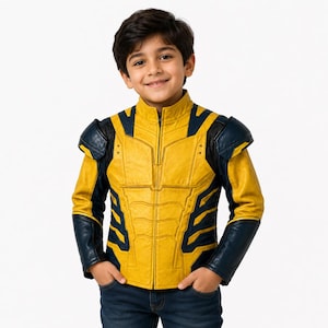 Può includere: Una giacca gialla e blu navy con colletto alto, spalline strutturate e chiusura frontale con cerniera. Il design presenta pannelli sagomati sul petto e sul busto, con accenti blu navy lungo le maniche e sui lati del capo di abbigliamento.