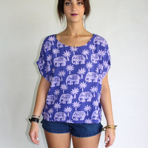 Vintage 90s Tribal Short Sleeve Purple Elephant Shirt / Slouchy Ethnic Batik Top