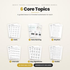 May include: A music theory fundamentals beginner bundle featuring 6 core topics including clefs, note naming, rhythm, intervals, key signatures, and scales. The set includes a guided lesson, 6 levelled worksheets for each topic, 42 printable PDFs, and answer keys.