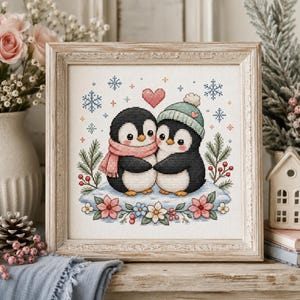 Korsstygnsmönster för pingvinpar i PDF-format, broderidiagram för vinterkärlek, digital nedladdning av Valentine DMC Aida