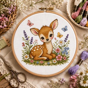 May include: A circular wooden embroidery hoop containing a cross-stitch pattern of a brown fawn with white spots, surrounded by colorful flowers, green foliage, and three small butterflies in pink, blue, and yellow on a white fabric background.