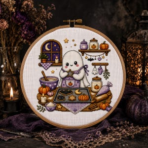 May include: A circular wooden embroidery hoop containing a cross-stitch pattern of a white ghost wearing a purple apron, baking cookies on a tray. The scene includes pumpkins, jars, a window with a crescent moon, and various kitchen tools.