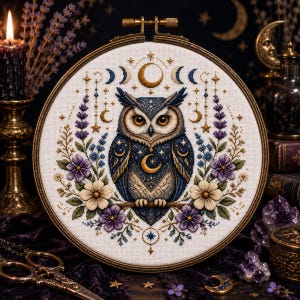 Celestial Owl Cross Stitch Pattern PDF, Moon Phase Floral Embroidery Chart, Witchy DMC Aida Digital Download