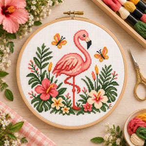 Puede incluir: Un bastidor de bordado circular de madera que contiene un diseño de punto de cruz de un flamenco rosa rodeado de hojas tropicales verdes, mariposas amarillas y flores de hibisco rosas y blancas sobre una tela blanca.