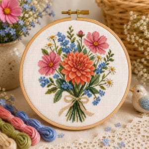 Puede incluir: Un bastidor de bordado circular de madera que contiene un patrón de punto de cruz de un ramo de flores. El diseño presenta una gran dalia naranja central, flores cosmos rosas, pequeñas nomeolvides azules y margaritas blancas, atadas con una cinta de color crema.