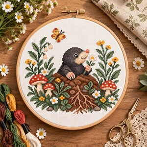 Puede incluir: Un bastidor de bordado circular de madera que contiene un diseño de punto de cruz de un topo gris oscuro emergiendo de un montículo de tierra marrón. El topo está rodeado de follaje verde, pequeñas flores blancas y amarillas, dos setas de sombrero rojo y una pequeña mariposa naranja.