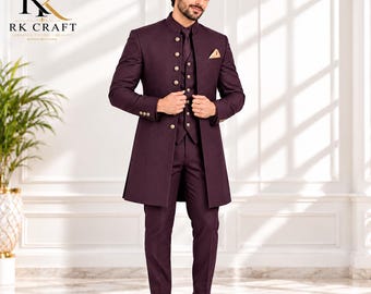 Gothic Wedding Suit for Men, Plum Purple Victorian Tailcoat, 3 Piece Groom Outfit, Elegant Long Formal Coat, Custom Tailored Suit