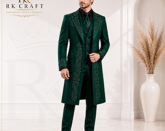 Emerald Green Embroidered Men’s Long Coat Suit, Groom Wedding Tuxedo, Victorian Tailcoat, 3 Piece Formal Prom Suit, Luxury Groom Outfit