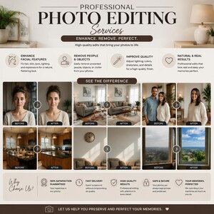 May include: A professional photo editing services advertisement featuring text, icons, and before-and-after comparison images. The layout displays examples of facial retouching, object removal, lighting adjustments, and background enhancements for various photos.