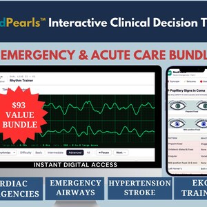 May include: MedPearls Interactive Clinical Decision Tool Emergency & Acute Care Bundle featuring a computer monitor displaying an EKG rhythm trainer and a smartphone showing pupillary signs in coma, with text labels for cardiac, airway, and stroke care.