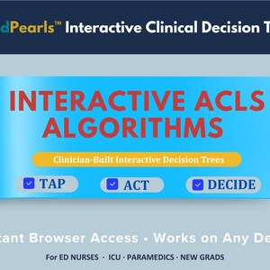 May include: A digital graphic for MedPearls Interactive Clinical Decision Tool featuring a blue banner with the red text INTERACTIVE ACLS ALGORITHMS, a yellow bar stating Clinician-Built Interactive Decision Trees, and buttons labeled TAP, ACT, and DECIDE.