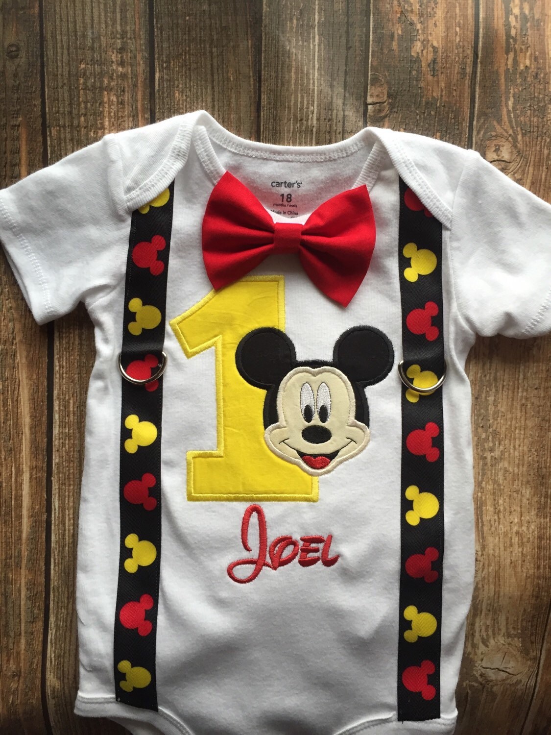 Custom boys first birthday Mickey Mouse bodysuit with suspenders and bow tie boys classic mickey first mickey first birthday mickey party