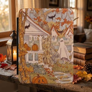 May include: A rectangular e-reader cover featuring a detailed autumn illustration of a house with a porch, orange pumpkins, a white ghost, and black bats flying in the sky. The scene includes fall foliage, trees, and a stone path in warm tones.