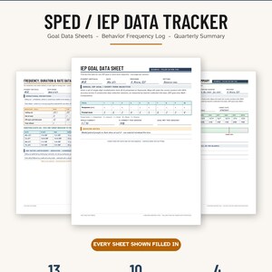May include: A digital SPED IEP data tracker set featuring 13 printable pages, including goal data sheets, behavior frequency logs, and quarterly summaries. The documents are formatted for 8.5 x 11 inch paper and include examples of filled-in data.