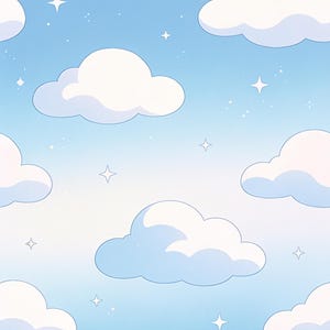 May include: A repeating pattern featuring fluffy white clouds set against a soft light blue sky background. The design includes small, four-pointed white stars scattered throughout the space between the clouds, creating a celestial sky theme.