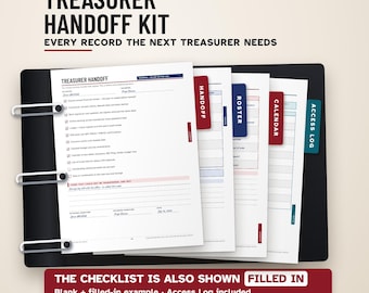 Op de afbeelding: Een Treasurer Handoff Kit voor PTA- en PTO-groepen met een zwarte map en witte pagina's. De pagina's bevatten een checklist, presentielijst, kalender en toegangslogboek met rode, blauwe en groenblauwe tabbladen. Tekst: "Treasurer Handoff Kit".