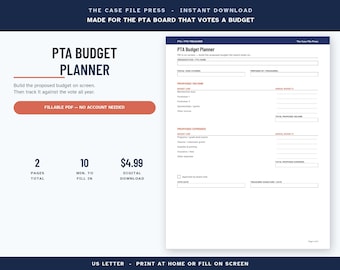 Op de afbeelding: Een digitale PTA-budgetplanner-sjabloon in een invulbaar PDF-formaat. Het document bevat secties voor de organisatienaam, het boekjaar, de verwachte inkomsten en uitgaven, met velden voor budgetregels, jaartotalen en handtekeningen.