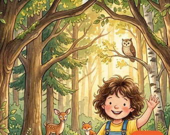 Op de afbeelding: Een aquarelillustratie van een bosscène met een kind met golvend bruin haar in een blauwe tuinbroek en een geel shirt, zwaaiend. De tekst Emma staat bovenaan en 12 Characters to Choose staat rechtsonder.