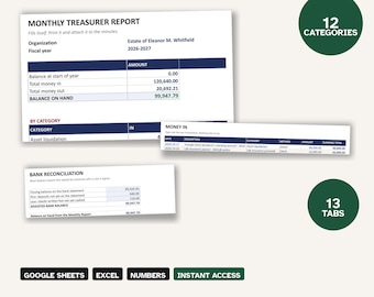 Op de afbeelding: Een spreadsheet voor executeurs en nalatenschapsbeheer met een maandelijks kasverslag, inkomstenlogboek en bankafstemming. Het digitale document bevat 12 categorieën, 13 tabbladen en is compatibel met Google Sheets, Excel en Numbers-software.