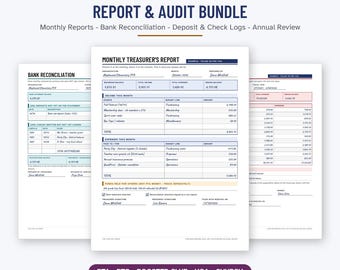 Op de afbeelding: Een PTA-penningmeesterrapport en auditbundel met 54 printbare pagina's in 21,59 x 27,94 cm formaat. Het document bevat maandelijkse rapporten, bankafstemmingen, stortings- en chequeoverzichten en formulieren voor jaarlijkse beoordelingen.