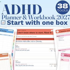 May include: The ADHD Planner & Workbook 2027 features 38 tools, including pages titled I'm always late in the morning, I don't know where to start, and A dopamine menu. The layout includes checkboxes, task lists, and reward menus in blue, pink, and orange.