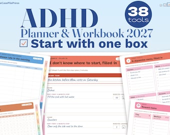 Op de afbeelding: De ADHD Planner & Workbook 2027 bevat 38 tools, waaronder pagina's met de titels I'm always late in the morning, I don't know where to start en A dopamine menu. De lay-out bevat selectievakjes, takenlijsten en beloningsmenu's in blauw en roze.