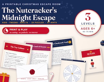 Op de afbeelding: Een printbaar kerst escape room spel getiteld The Nutcracker's Midnight Escape, met 29 puzzels en 87 hints. De set bevat spelkaarten met rode en blauwe accenten, een ronde puzzelschijf en verzegelde enveloppen voor kinderen vanaf 6 jaar.