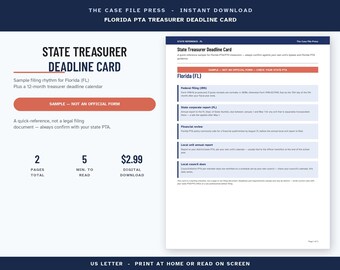 Op de afbeelding: Een digitaal document getiteld State Treasurer Deadline Card voor Florida PTA-penningmeesters. De lay-out bevat een kalender van 12 maanden, een indieningsritme en secties voor federale aangiften, bedrijfsrapporten en financiële beoordelingen.