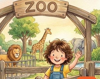 Op de afbeelding: Een aquarelillustratie van een kind dat zwaait voor een houten toegangspoort van een dierentuin met het opschrift Emma ZOO. De scène toont een leeuw in een verblijf, een giraf en een olifant. Een oranje badge vermeldt 12 Characters to Choose.