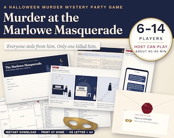 Op de afbeelding: Een Halloween moordmysterie spel genaamd Murder at the Marlowe Masquerade. De set bevat spelmaterialen, een plattegrond, karakterlijsten en een envelop met een rood waszegel met de tekst The Solution voor 6-14 spelers.