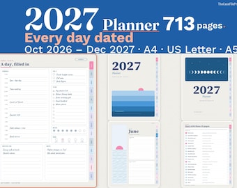 Op de afbeelding: Een digitale planner voor 2027 met 713 pagina's, gedateerd van oktober 2026 tot december 2027. De planner bevat dagindelingen, maandoverzichten en maanfase-afbeeldingen. Beschikbaar in A4, US Letter en A5 formaten met navigatietabbladen.