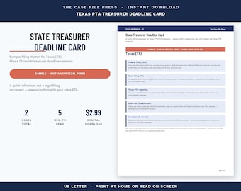 Op de afbeelding: Een digitaal Texas PTA Treasurer Deadline Card document met een 12-maanden kalender en een gids voor indieningsschema's. De lay-out bevat secties voor federale en staatsaangiften, PTA-rapportages, omzetbelasting en jaarlijkse audits.