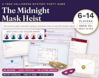 Op de afbeelding: Een Halloween mysterie-gezelschapsspel voor tieners genaamd The Midnight Mask Heist voor 6-14 spelers, vanaf 13 jaar, met een speelduur van ongeveer 80 minuten. De set bevat karakterkaarten, een plattegrond, beschuldigingsformulieren en twee maskers.