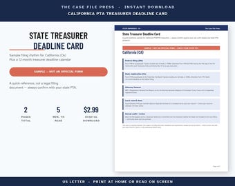 Op de afbeelding: Een digitaal document getiteld California PTA Treasurer Deadline Card met een 12-maanden kalender en indieningsdeadlines. De witte pagina bevat blauwe tekstsecties voor federale aangiften, staatsregistraties en lokale contributies voor de vereniging.