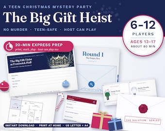 Op de afbeelding: Een kerstmysteriespel voor tieners genaamd The Big Gift Heist at Frostwick Hall. Bevat geprinte spelmaterialen, personagekaarten voor Jamie Frost en Skyler Brooks, een plattegrond, een beschuldigingsformulier en enveloppen met een zegel.